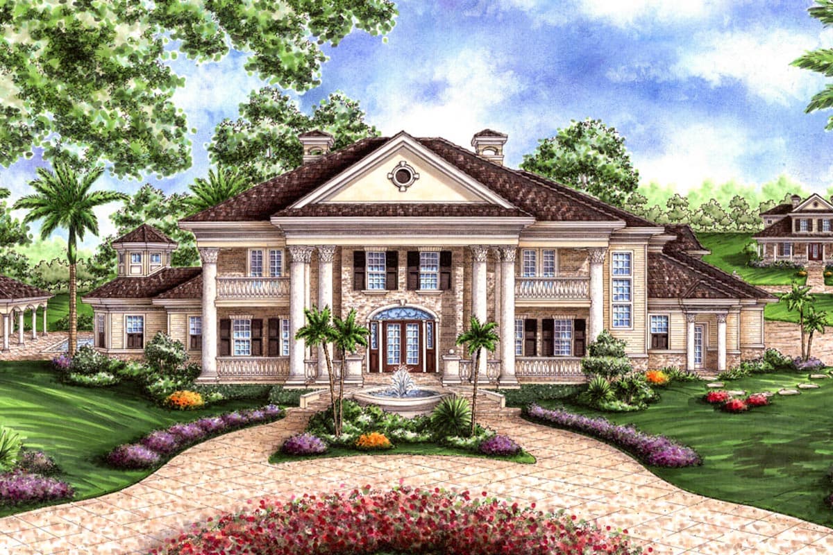 House plan exterior of a two-story neoclassical home with a portico, balconies, and a central pediment.
