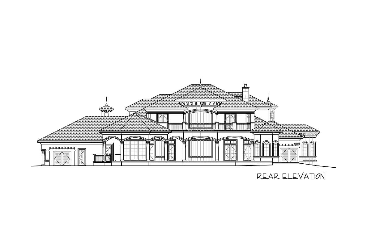 Rear elevation house plan drawing showing a two-story home with multiple gables, arched windows, and two garage doors.