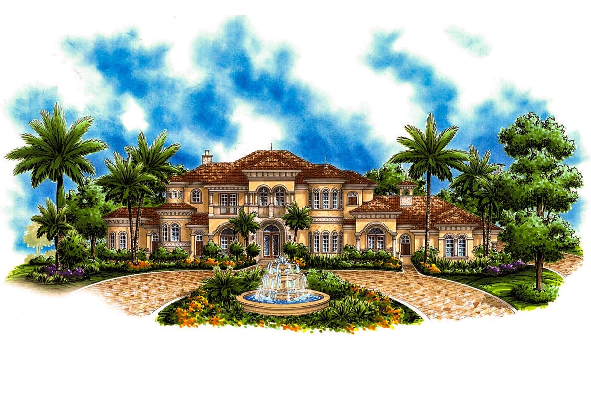 House plan exterior: two-story Mediterranean style with arched windows, red tile roof, central fountain, and palm trees.