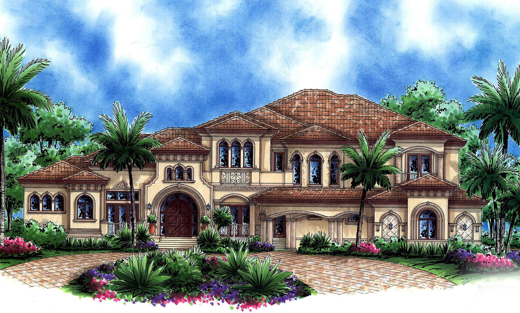 House plan exterior. Two-story Mediterranean-style home with arched entry, tiled roof, and multiple gables. Features a driveway and palm trees.
