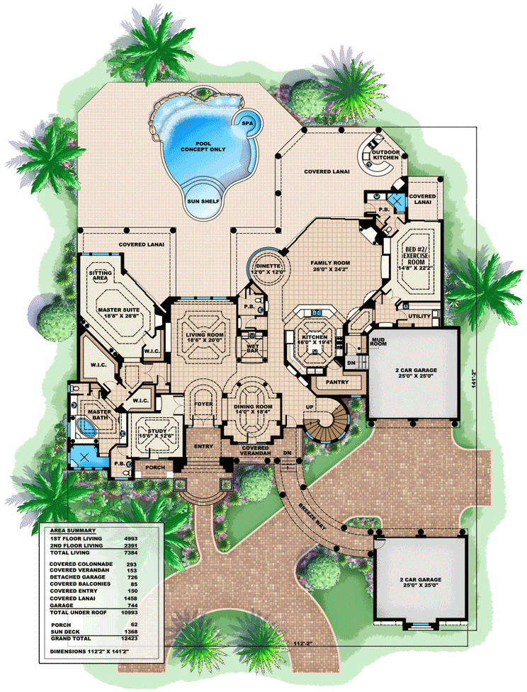 Plan 66234WE: Grand Mediterranean House Plan with Home Theater and Sun Decks - Floor Plan - Main Level - Florida-Style, Mediterranean