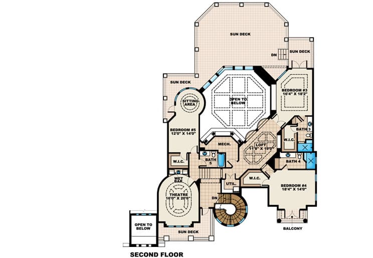 Plan 66234WE: Grand Mediterranean House Plan with Home Theater and Sun Decks - Floor Plan - 2nd Floor - Florida-Style, Mediterranean