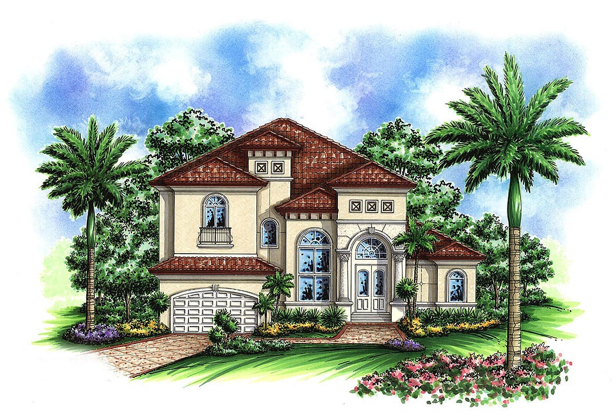 House plan exterior shows a two-story Mediterranean style home with a tile roof, arched windows, and a two-car garage.