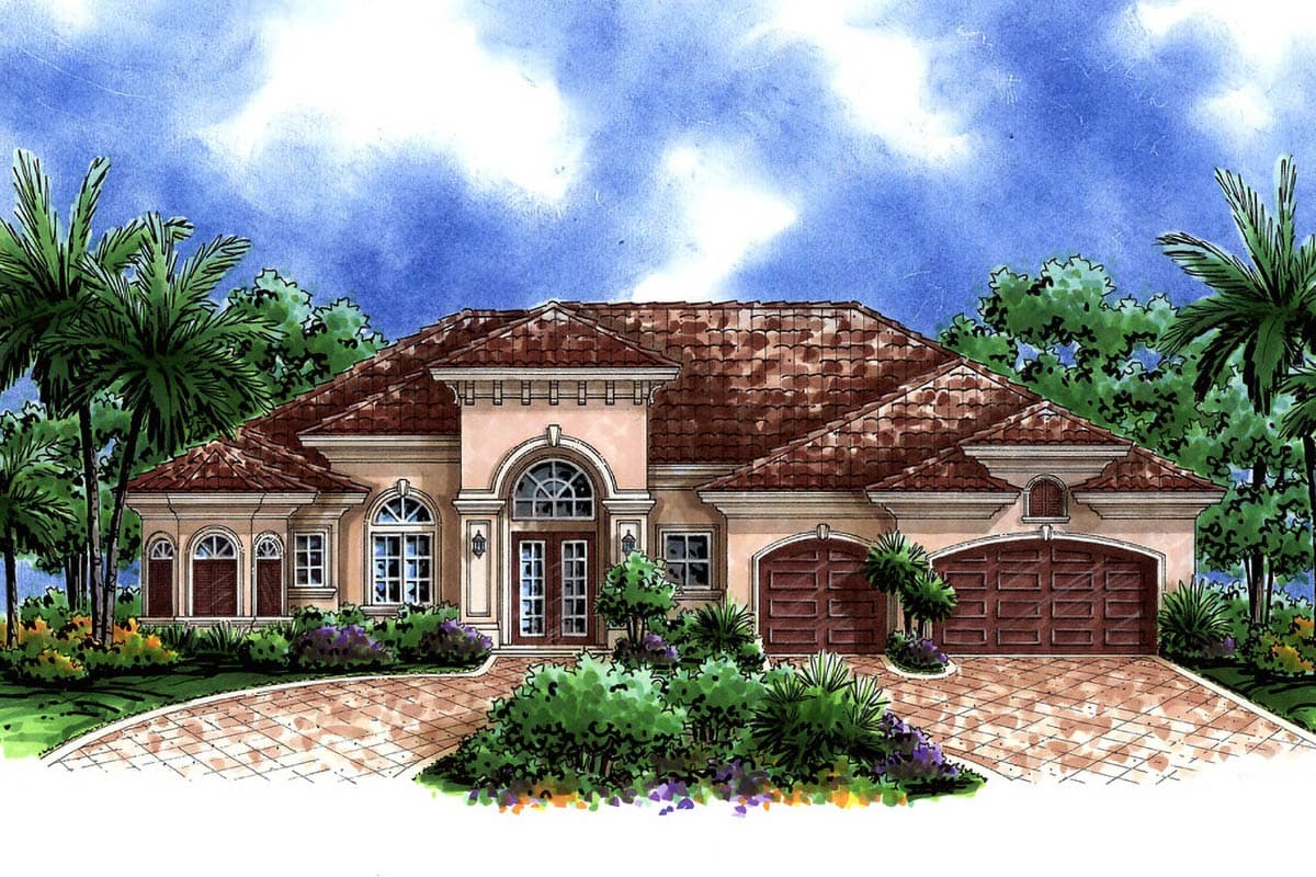 House plan exterior rendering of a one-story Mediterranean-style home with a tile roof, arched entry, and a three-car garage.