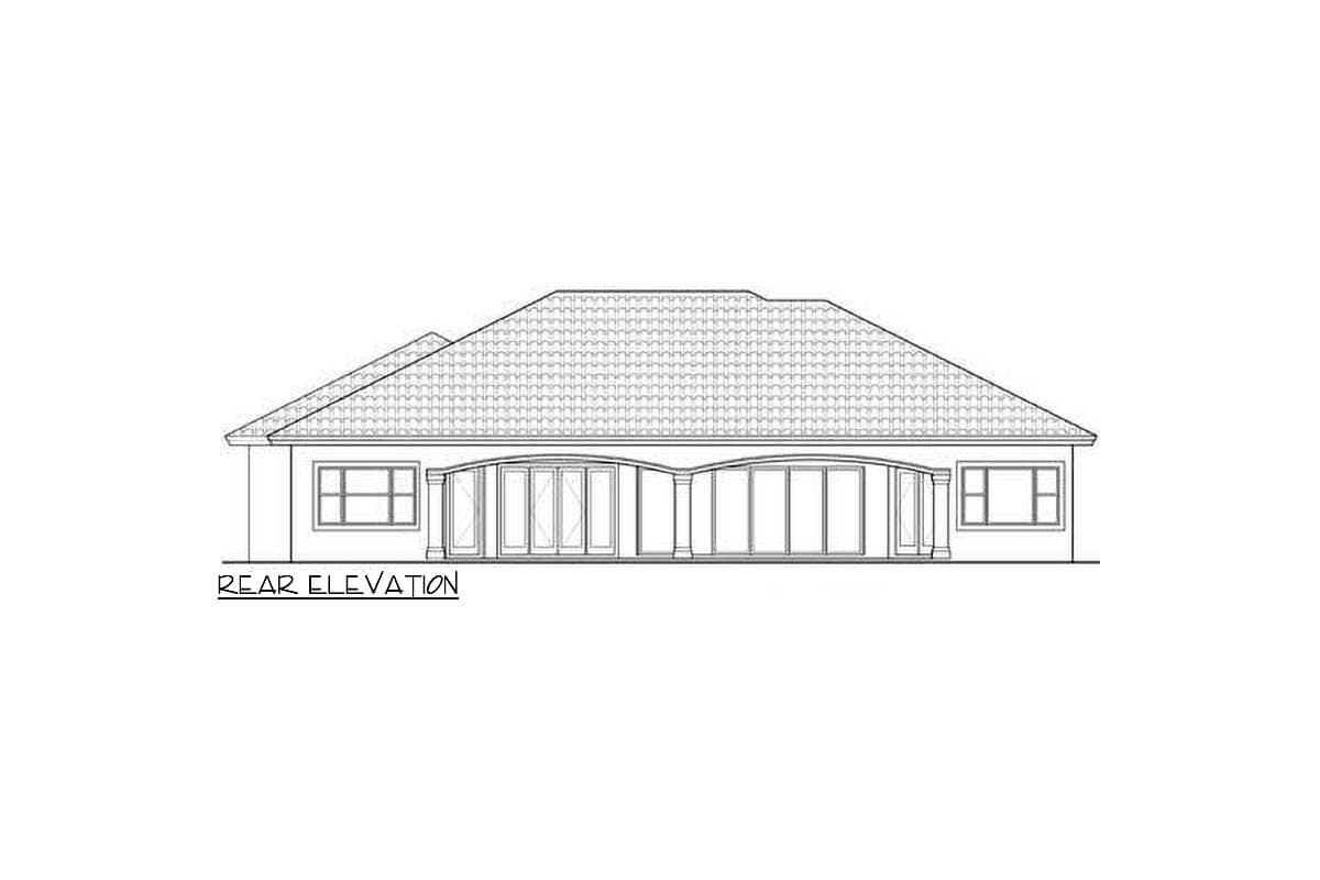 Rear elevation drawing of a single-story house plan, showing a hip roof, large glass doors, and two windows.