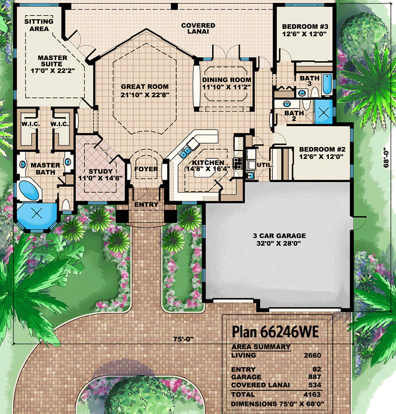 Plan 66246WE: Functional, Livable, Entertainable - Floor Plan - Main Level - Florida-Style, Mediterranean