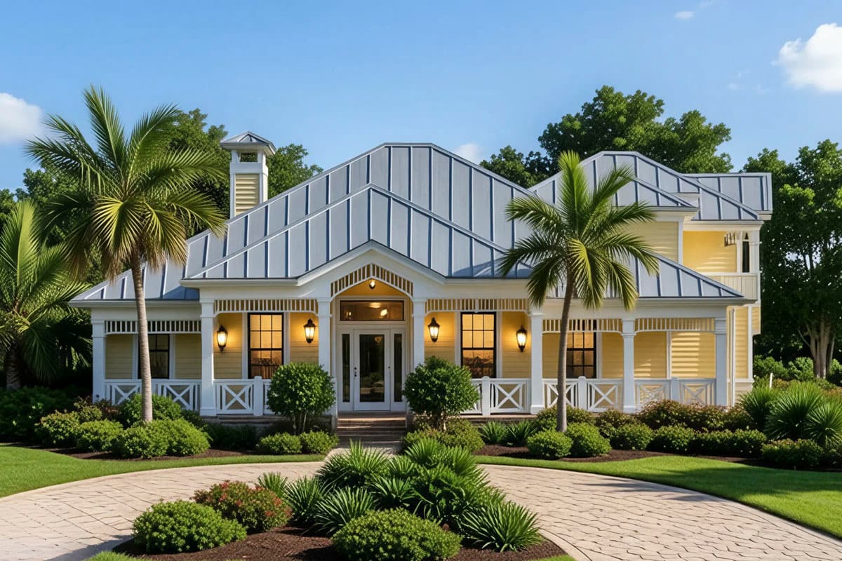 House plan exterior: Two-story home with metal roof, wraparound porch, large central gable, and prominent chimney.