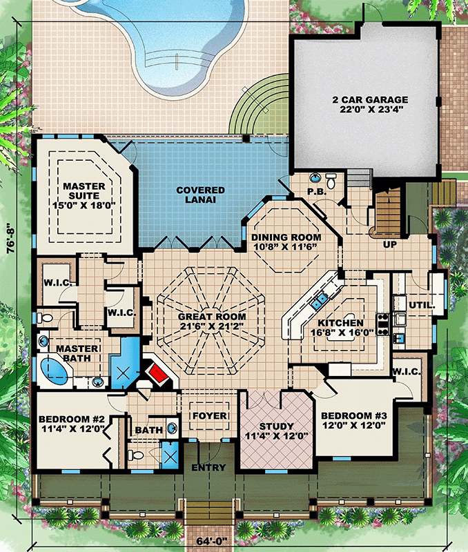 Plan 66249WE: Coastal Florida Style House Plan with Wraparound Porch and Bonus Room - Floor Plan - Main Level - Beach, Coastal, Florida-Style