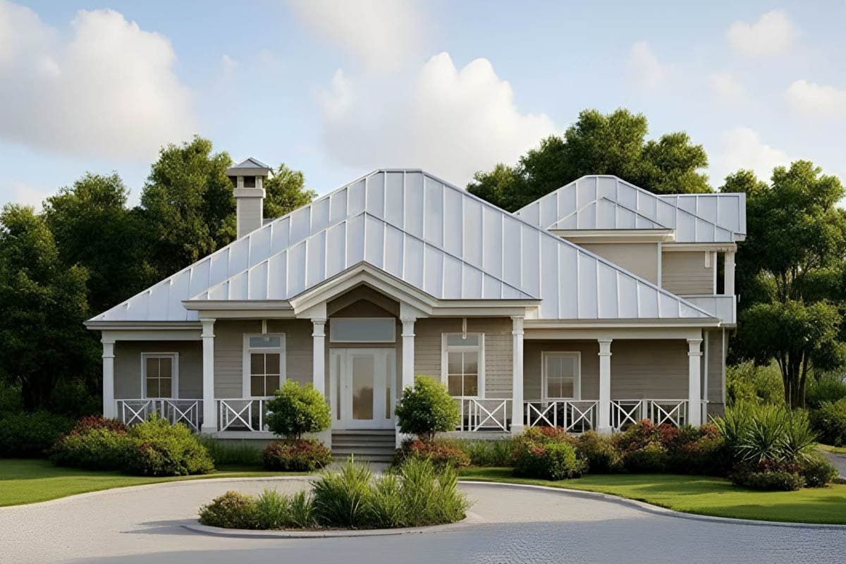 House plan exterior. Two-story home with a metal roof. Features include a front porch with columns and a symmetrical facade with multiple gables.