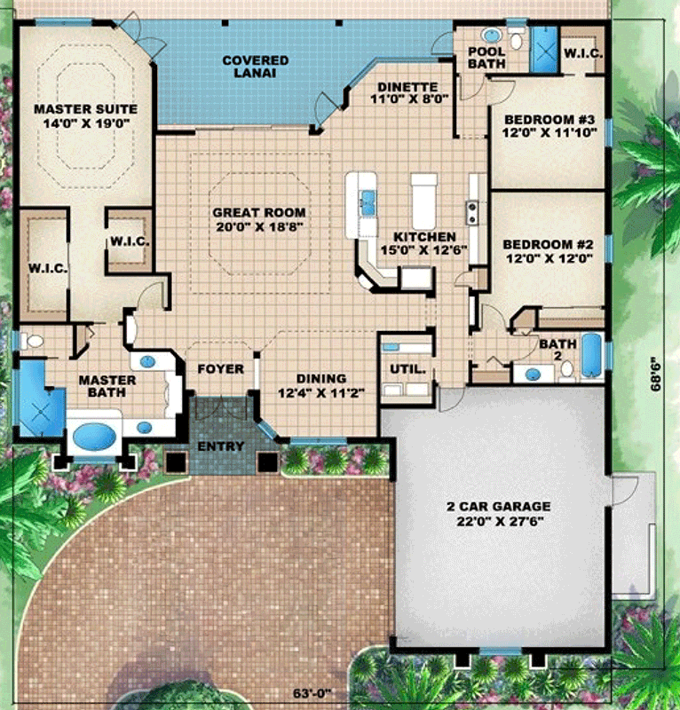 Plan 66252WE: Mediterranean Style House Plan Featuring 3 Bedrooms and Double Island Kitchen - Floor Plan - Main Level - Coastal, European, Florida-Style, Mediterranean