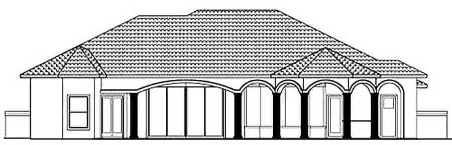 House plan exterior with tiled hip roof, arched covered patio with columns, and large windows.