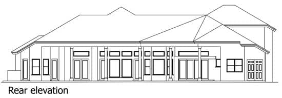 Rear elevation drawing of a house plan showing a covered porch with columns, multiple windows, and double doors.