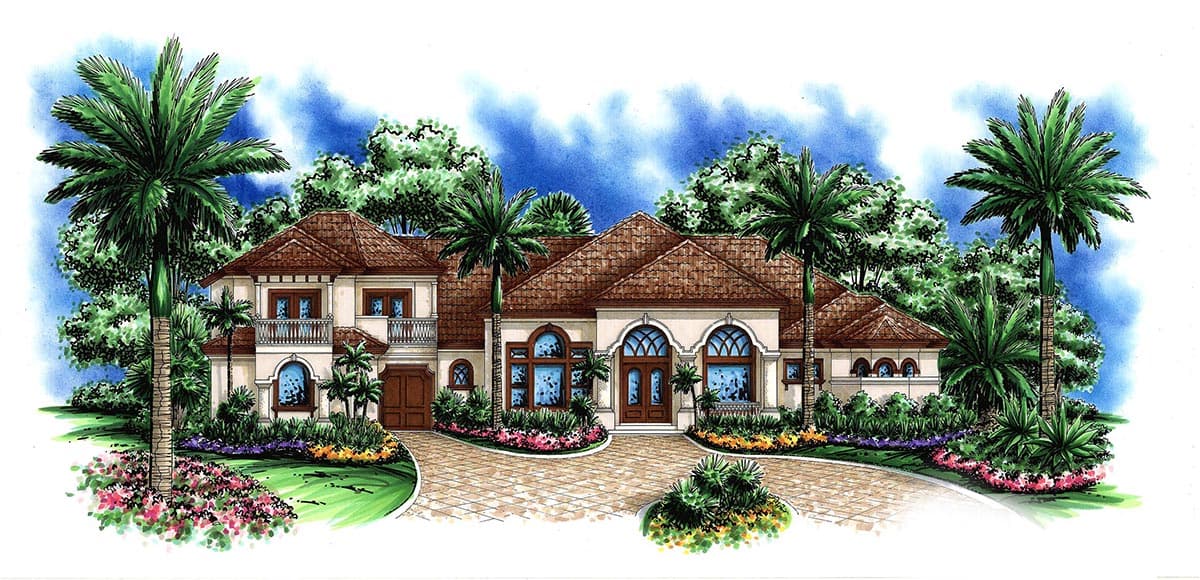 House plan exterior. Two-story Mediterranean-style home with arched windows, tile roof, balconies, and attached garage. Palm trees and landscaping.