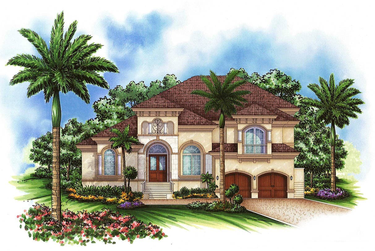 House plan exterior, two-story Mediterranean style with arched windows, central entry, and a dual garage.