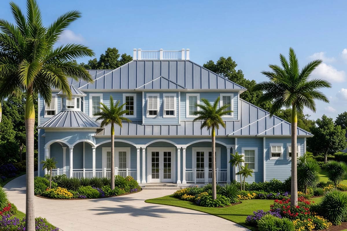 House plan exterior: two-story coastal style with wraparound porch, metal roof, gables, and dormers.