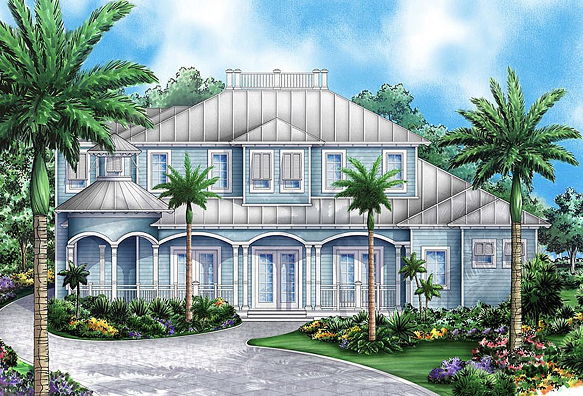House plan exterior: two-story coastal style with wraparound porch, metal roof, gables, and dormers.