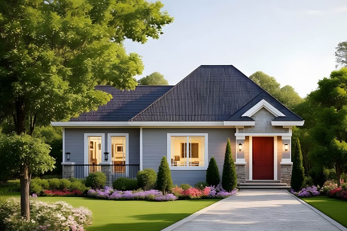 House plan exterior with gable roof, front porch, and red front door. One story home with symmetrical window and door placement.