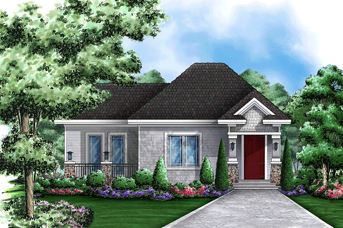 House plan exterior: single-story Modern Farmhouse with covered entry, gabled roof, and prominent front door.