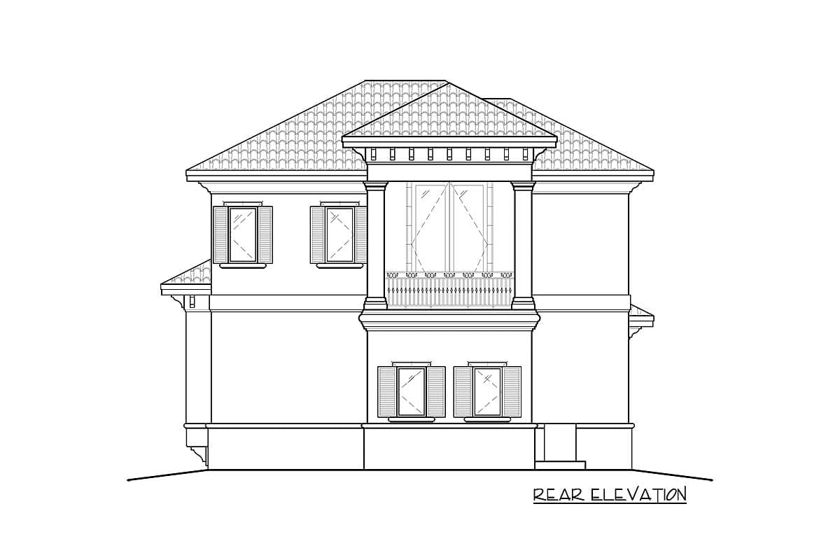 Rear elevation drawing of a two-story house plan featuring a prominent arched window with a decorative railing and a tiered roofline.