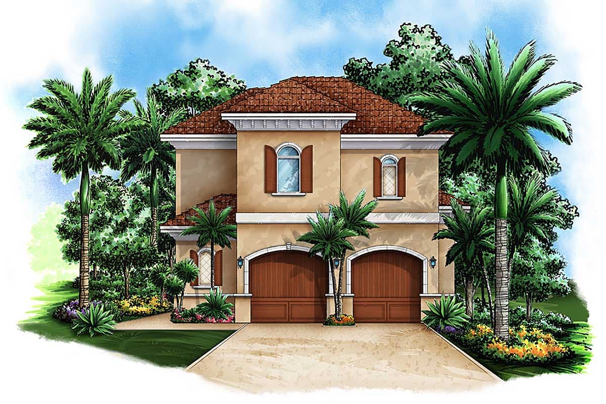 House plan exterior. Two-story Mediterranean style with a tile roof, arched garage doors, and arched windows. Landscaping features palm trees.