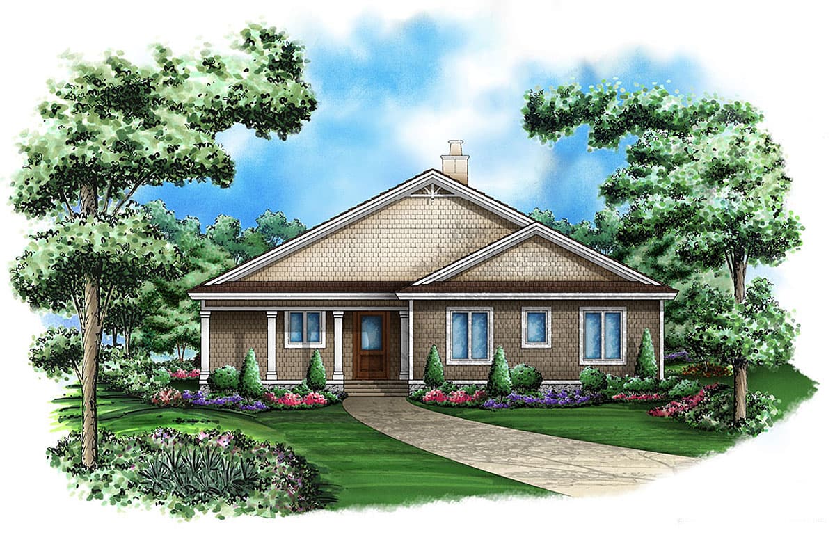 House plan exterior: Ranch style, one story, with gabled roof, shingle siding, covered entry porch, and chimney.