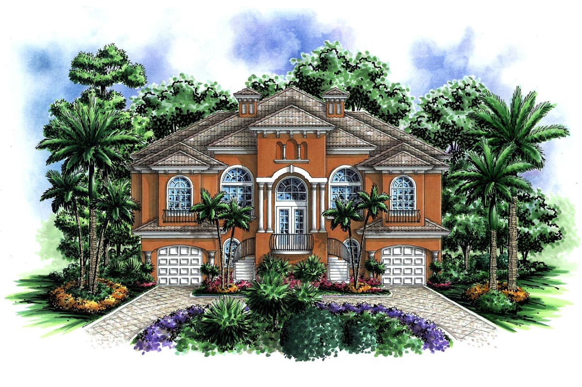 House plan exterior: two-story Mediterranean style with double garages, arched windows, and a central balcony.