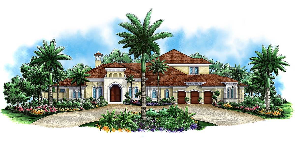 House plan exterior: Mediterranean style, two-story, arched entryway, triple garage, tile roof, and decorative stonework.