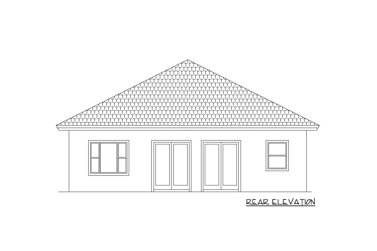 Rear elevation drawing of a single-story house plan with a gable roof, two central french doors, and two windows.