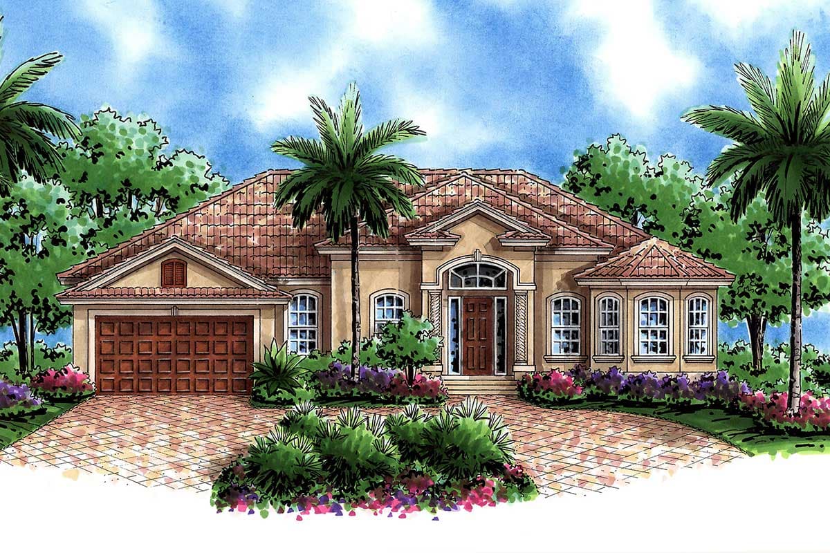 House plan exterior: single-story home with tile roof, arched entryway, large garage, and bay windows.