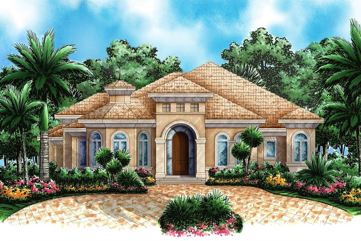 House plan exterior, single-story Mediterranean style, with tiled roof, arched entryway, and landscaped grounds.