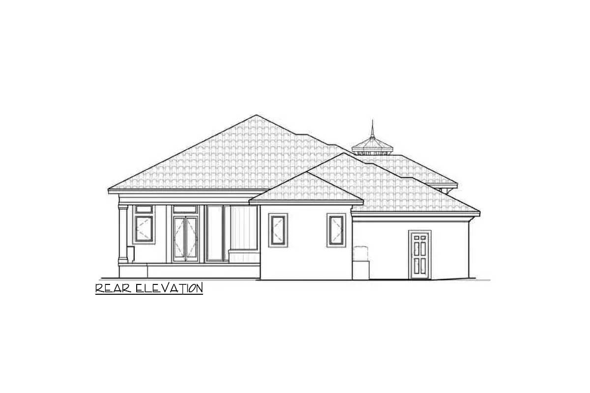 Rear elevation drawing of a house plan featuring multiple gables, a covered porch with columns, and a garage door.