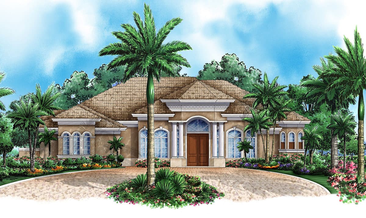 House plan exterior rendering of a single-story home with a tiled roof, arched windows, double entry doors, and prominent landscaping.