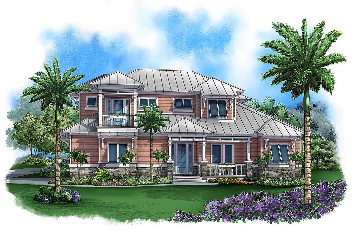 House plan exterior featuring a two-story design with a metal roof, covered porch, balconies, and stone accents.