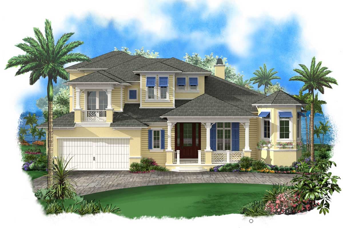 House plan exterior. Two-story design with a hipped roof, covered porch, and turret. Includes garage and multiple dormers. Landscaped with palms.
