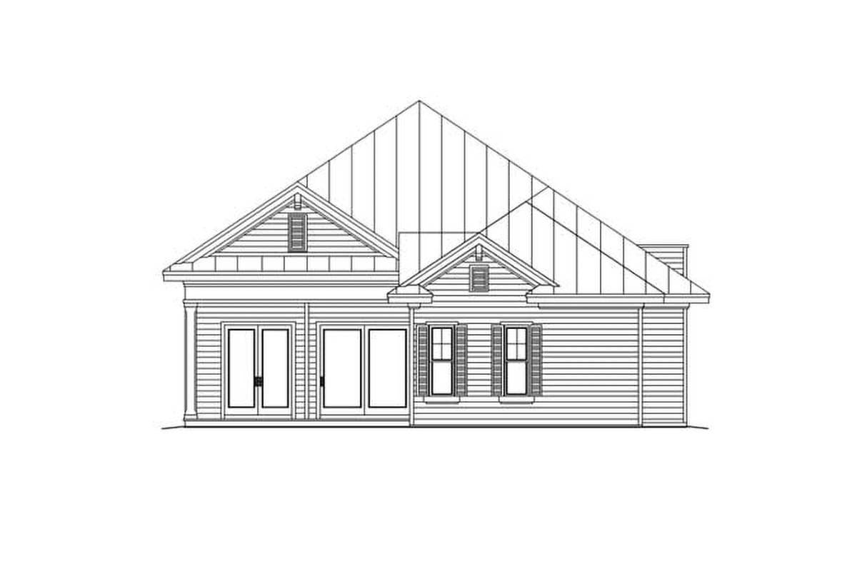 House plan exterior drawing with gabled roof, dormer, double doors, and multiple windows.
