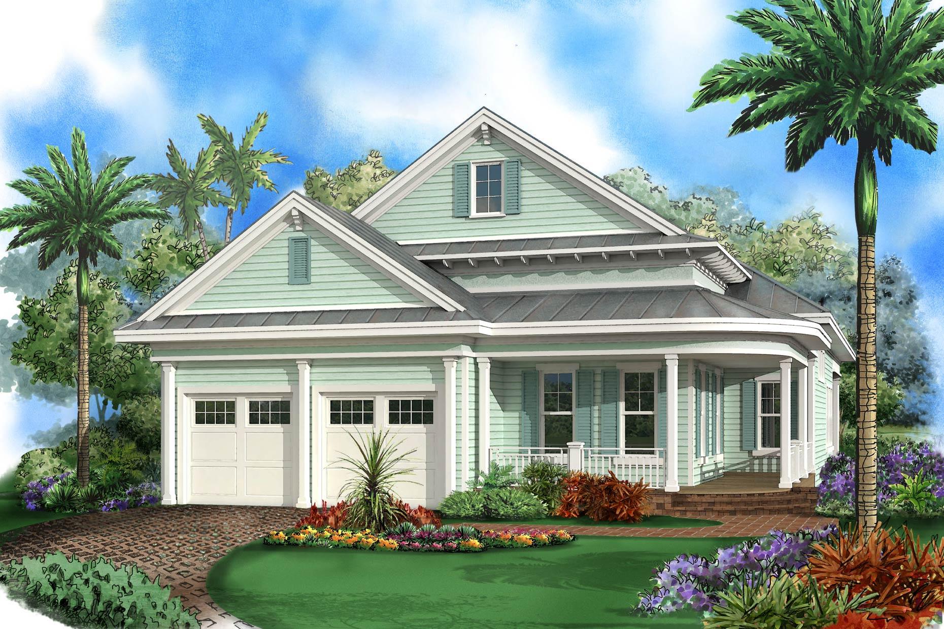 House plan exterior: Coastal style, one-story home with a two-car garage, front porch, and dormer.