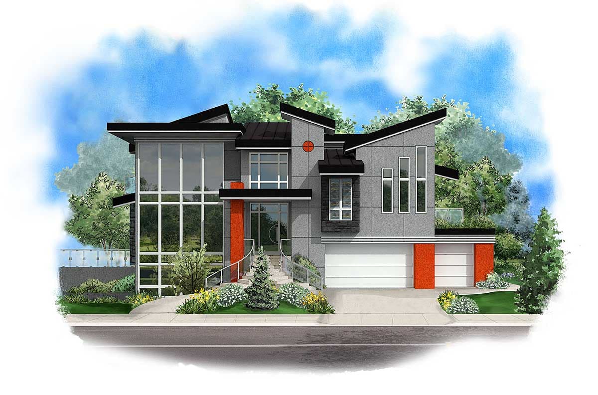 Modern house plan exterior with steep, angular rooflines, extensive glass, and two-car garage with orange accents.