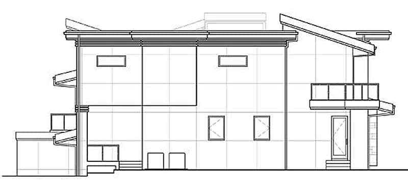 House plan exterior: a modern multi-story structure with asymmetrical rooflines, multiple balconies, and geometric window placements.