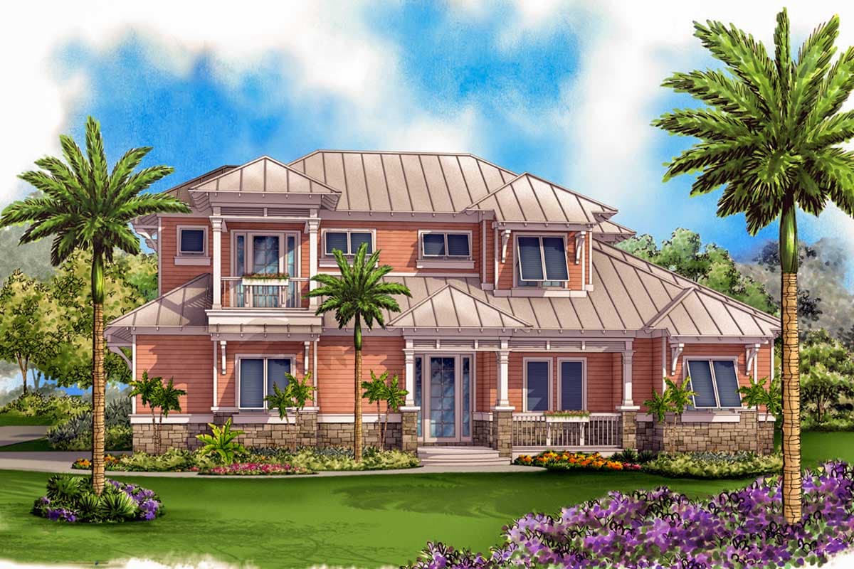 House plan exterior shows a two-story home with a metal roof, wraparound porch, second-story balcony, and stone foundation.