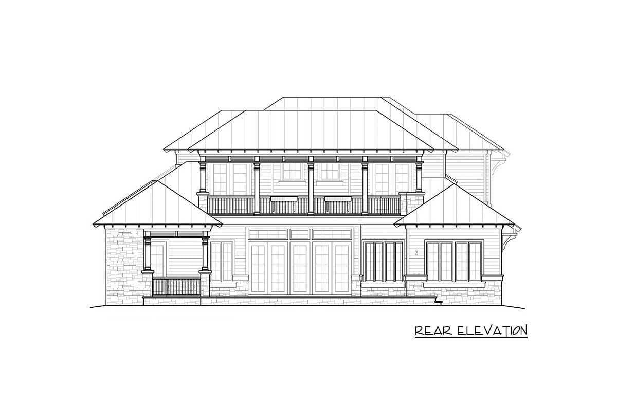 Rear elevation house plan showing two stories, double-level porches with columns, gabled dormers, and French doors.