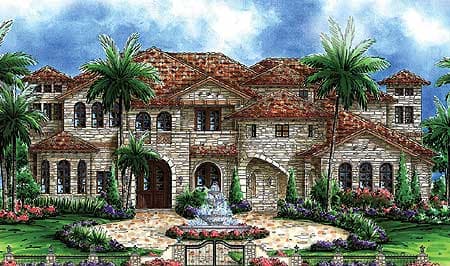 House plan exterior: Italianate style, stone facade, multiple gables, arched windows, turrets, and a grand entrance.