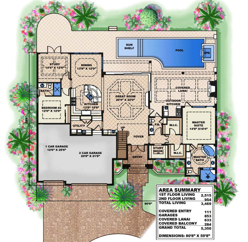 Plan 66305WE: Coastal Contemporary with Loads of Outdoor Spaces - 3469 Sq Ft - Floor Plan - Main Level - Coastal Contemporary, European, Mediterranean, Spanish, Transitional