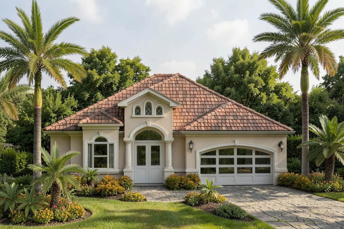 House plan exterior featuring a one-story, Mediterranean style house with a tile roof, arched entryway, and attached garage with arched door.