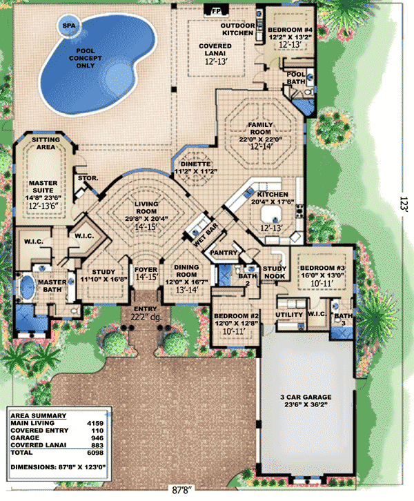 Plan 66308WE: Unique Radial Window in Living Room - Floor Plan - Main Level - European, Florida-Style, Mediterranean, Spanish