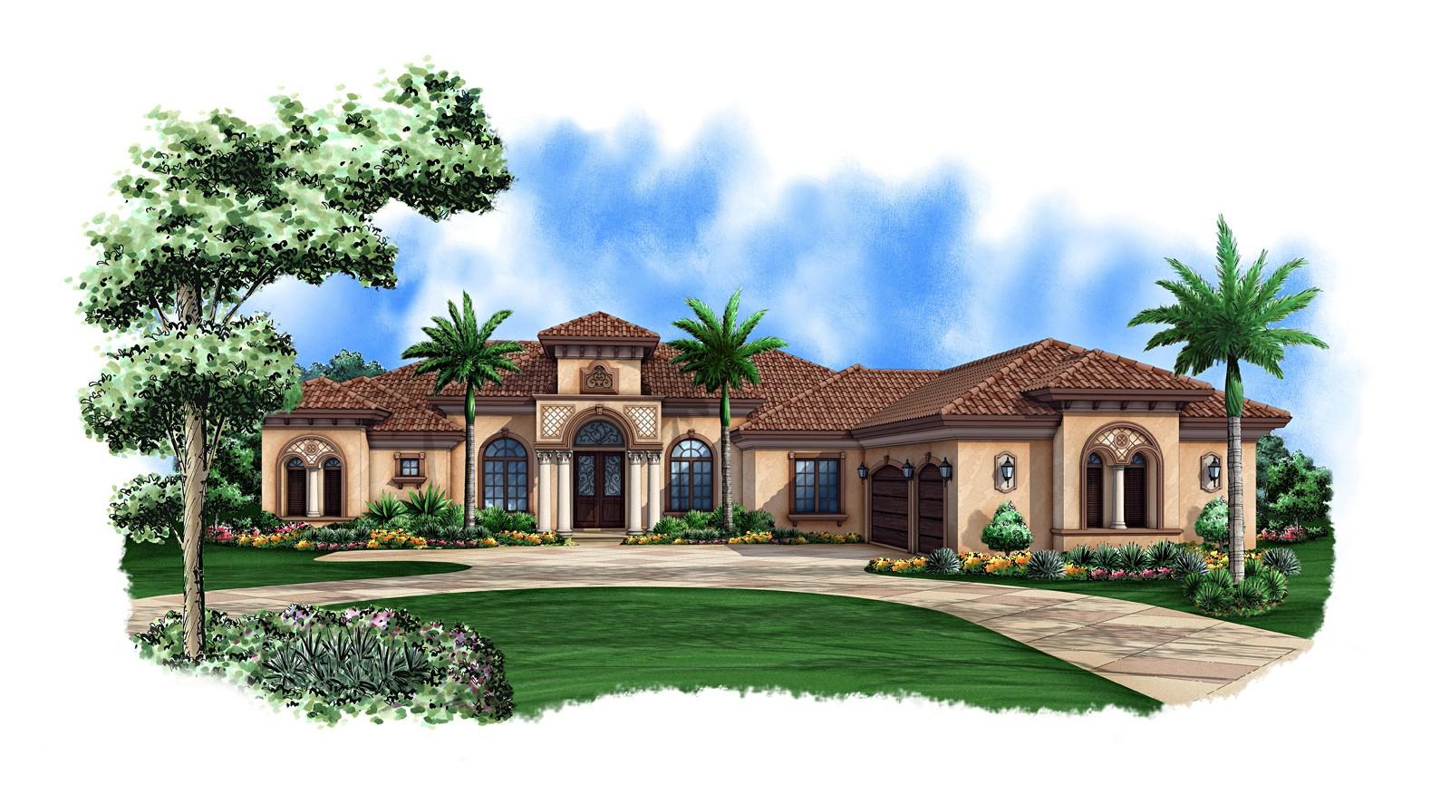 House plan exterior: Mediterranean style, single-story with tile roof, portico entry with columns, and attached garage.