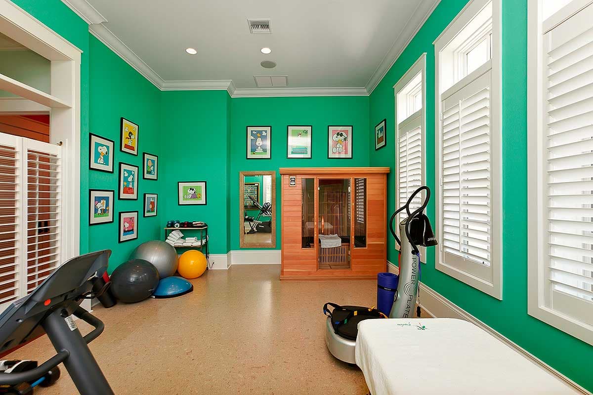 Home gym with treadmill, sauna, vibration plate, and exercise balls. Features green walls and white shutters.