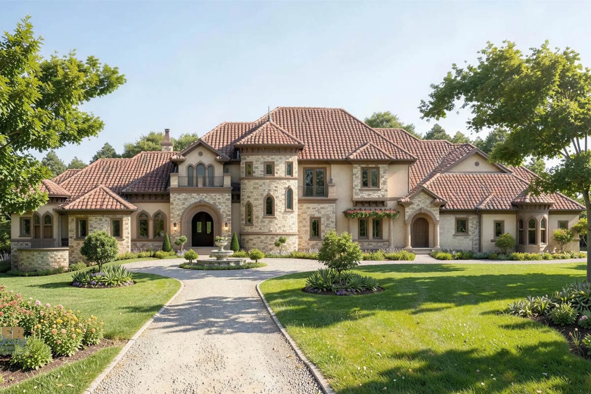 House plan exterior with stone facade, multi-level tiled roof, arched entryway, balconies, and decorative fountain.