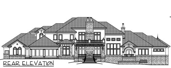 Rear elevation drawing of a large house with multiple gables, a central prominent chimney, and tiered balconies.