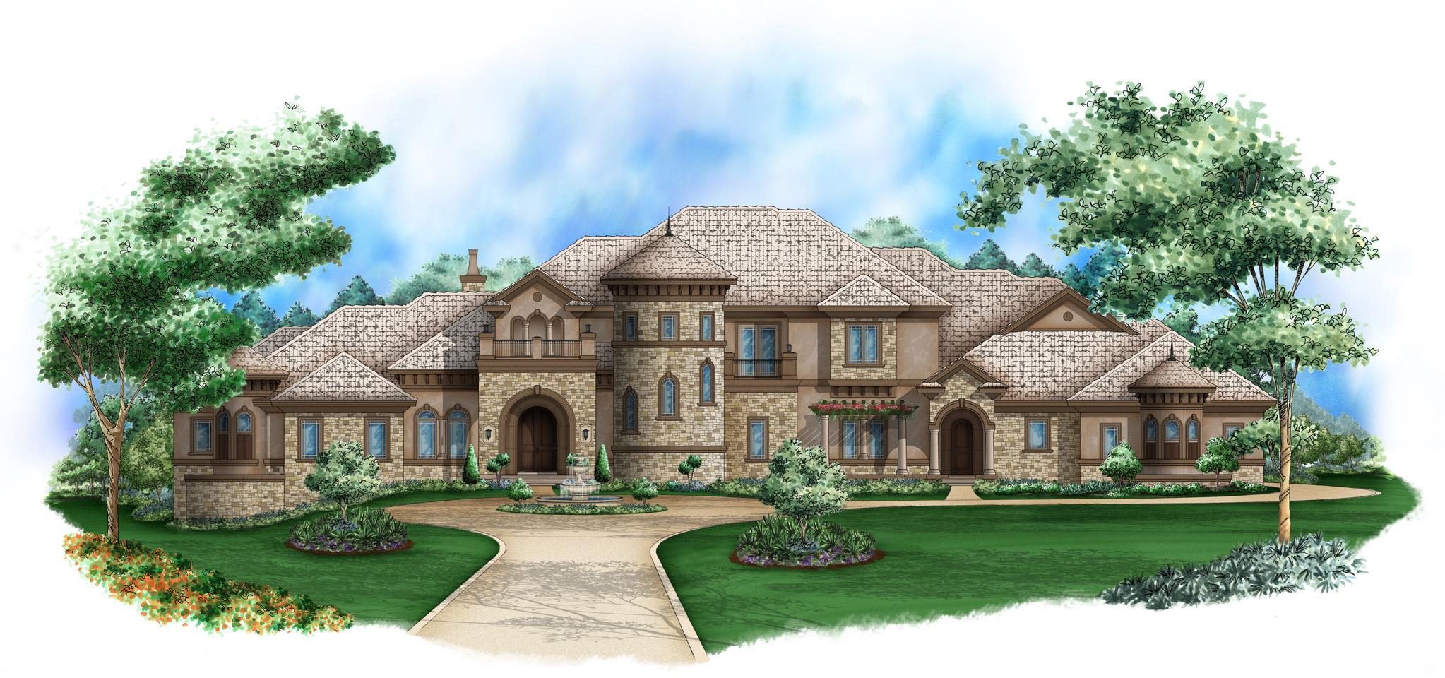 House plan exterior with stone facade, multi-level tiled roof, arched entryway, balconies, and decorative fountain.