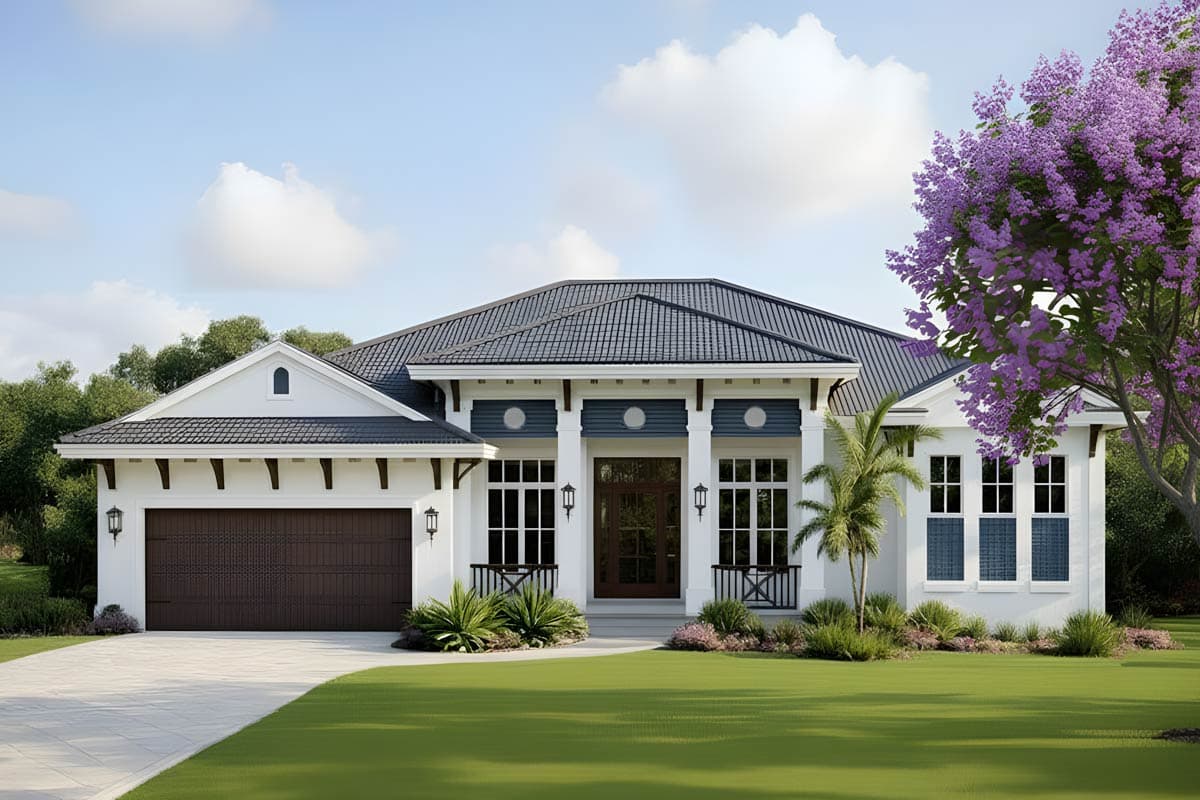 House plan exterior. One-story design with covered porch, decorative columns, and garage with side-mounted lights. Features dark gray roof and trim.